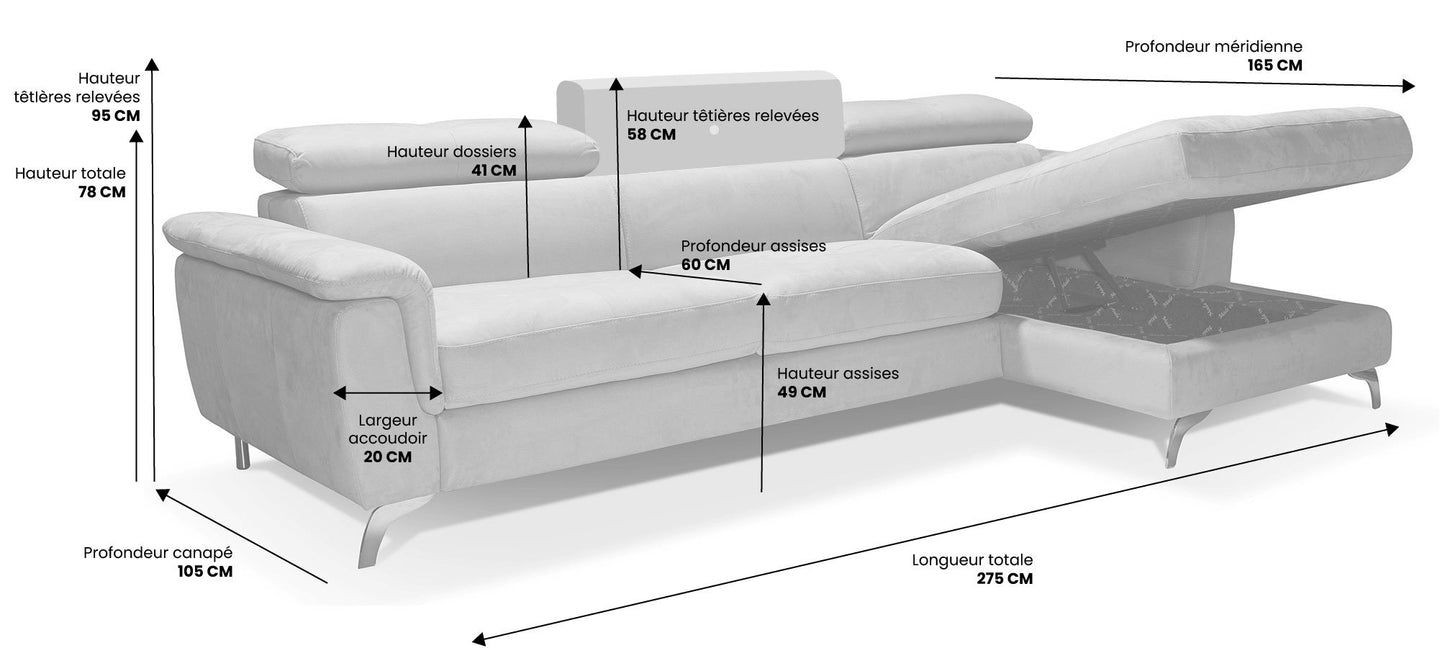 Canapé convertible d'angle BARI en Nabuk - Largeur 275 cm - Couchage 120cm