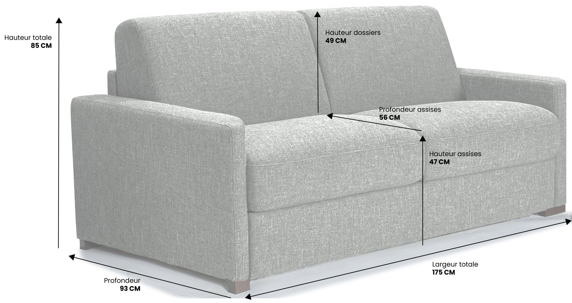 Canapé convertible 3 places AIX - Largeur 73 cm - Matelas 16cm - Couchage 140cm - Sommier doubles lattes larges