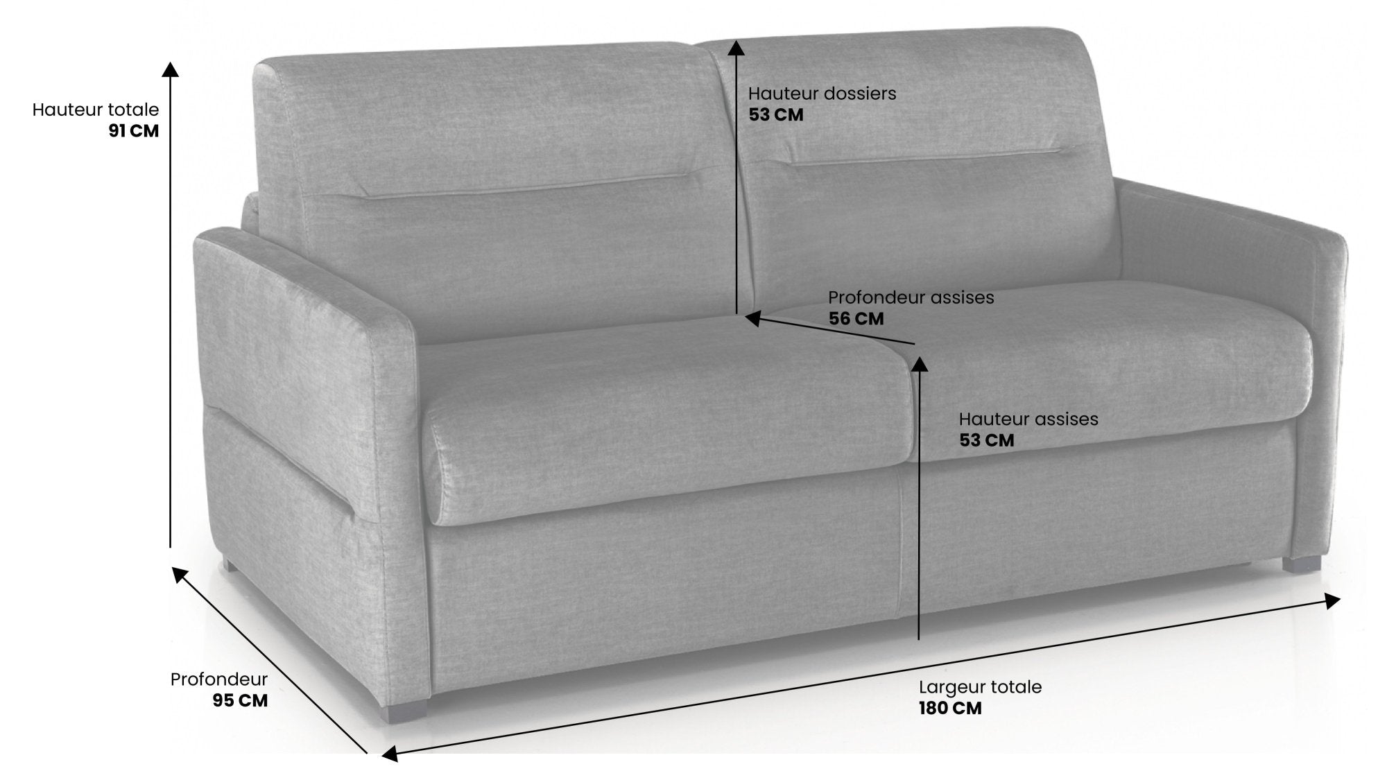 Canapé convertible 3 places CAEN - Largeur 180 cm - Couchage 140 cm