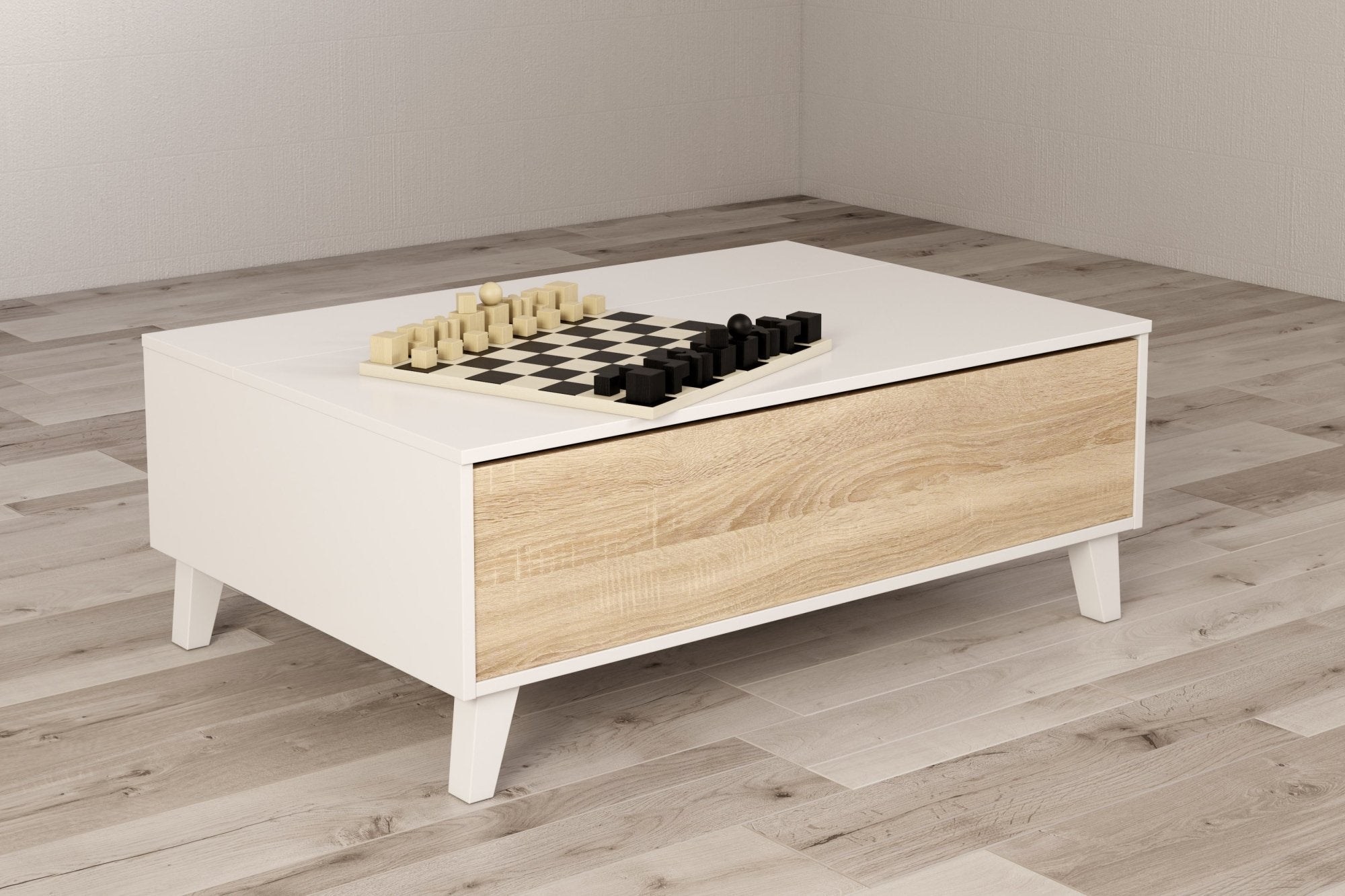 Table basse scandinave à plateau relevable avec rangements REGAL